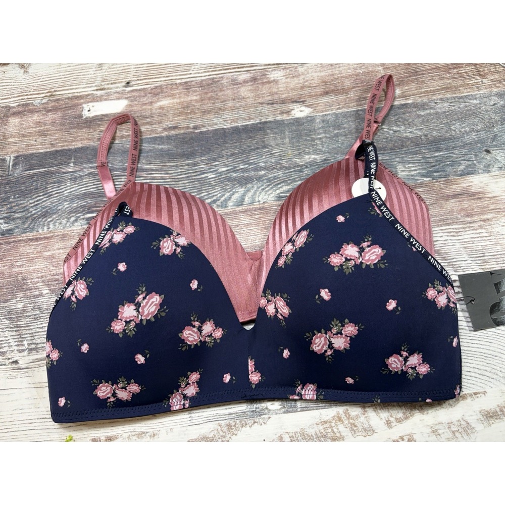 Nine West 2 Pack No Wire Bras Floral & Dusty Rose Striped 36C FNWF B010A New